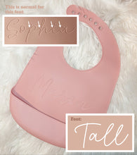 Load image into Gallery viewer, Personalized Engraved Name Silicone Bib | Baby Gift | Gift for Baby Boys and Girls | Gender Neutral Baby Shower Gift | Adjustable Bibs