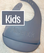 Load image into Gallery viewer, Personalized Engraved Name Silicone Bib | Baby Gift | Gift for Baby Boys and Girls | Gender Neutral Baby Shower Gift | Adjustable Bibs
