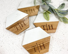 Load image into Gallery viewer, Personalized Hexagon Coasters Set of 4 | White Marble and Acacia Wood Custom Coasters | Engraved Coasters | Set of 4 Custom Coasters