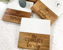 Load image into Gallery viewer, Personalized Square Coasters Set of 4 | White Marble and Acacia Wood Custom Coasters | Engraved Coasters | Set of 4 Custom Coasters