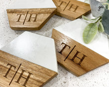 Load image into Gallery viewer, Personalized Hexagon Coasters Set of 4 | White Marble and Acacia Wood Custom Coasters | Engraved Coasters | Set of 4 Custom Coasters