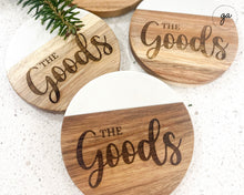Load image into Gallery viewer, Personalized Circle Coasters Set of 4 | White Marble and Acacia Wood Custom Coasters | Engraved Coasters | Set of 4 Custom Coasters
