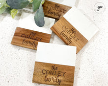 Load image into Gallery viewer, Personalized Square Coasters Set of 4 | White Marble and Acacia Wood Custom Coasters | Engraved Coasters | Set of 4 Custom Coasters