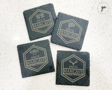 Load image into Gallery viewer, Personalized Men's Slate Square Coasters Set of 4 | Men's Slate Custom Coasters | Engraved Man Cave Coasters | Set of 4 Man Cave Coasters
