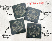 Load image into Gallery viewer, Personalized Men's Slate Square Coasters Set of 4 | Men's Slate Custom Coasters | Engraved Man Cave Coasters | Set of 4 Man Cave Coasters