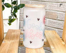 Load image into Gallery viewer, 16oz Good Vibes Glass Coffee Can, Iced Coffee Glass, Smiley Libbey Glass, Aesthetic Glass Coffee Cup, Soda Can Libbey Glass, Gift for Her