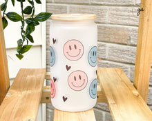 Load image into Gallery viewer, 16oz Good Vibes Glass Coffee Can, Iced Coffee Glass, Smiley Libbey Glass, Aesthetic Glass Coffee Cup, Soda Can Libbey Glass, Gift for Her