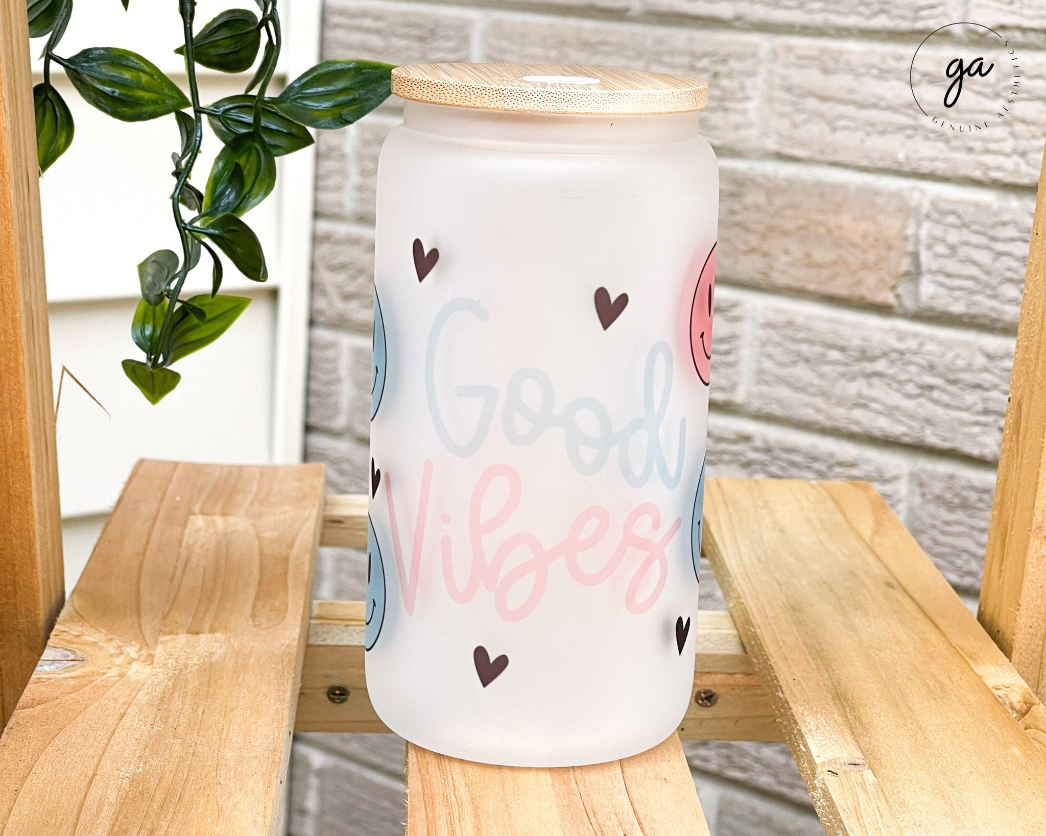 16oz Good Vibes Glass Coffee Can, Iced Coffee Glass, Smiley Libbey